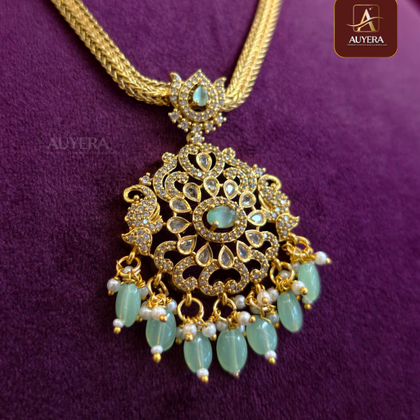 Traditional AD Pendent Necklace With Mint Green Beads