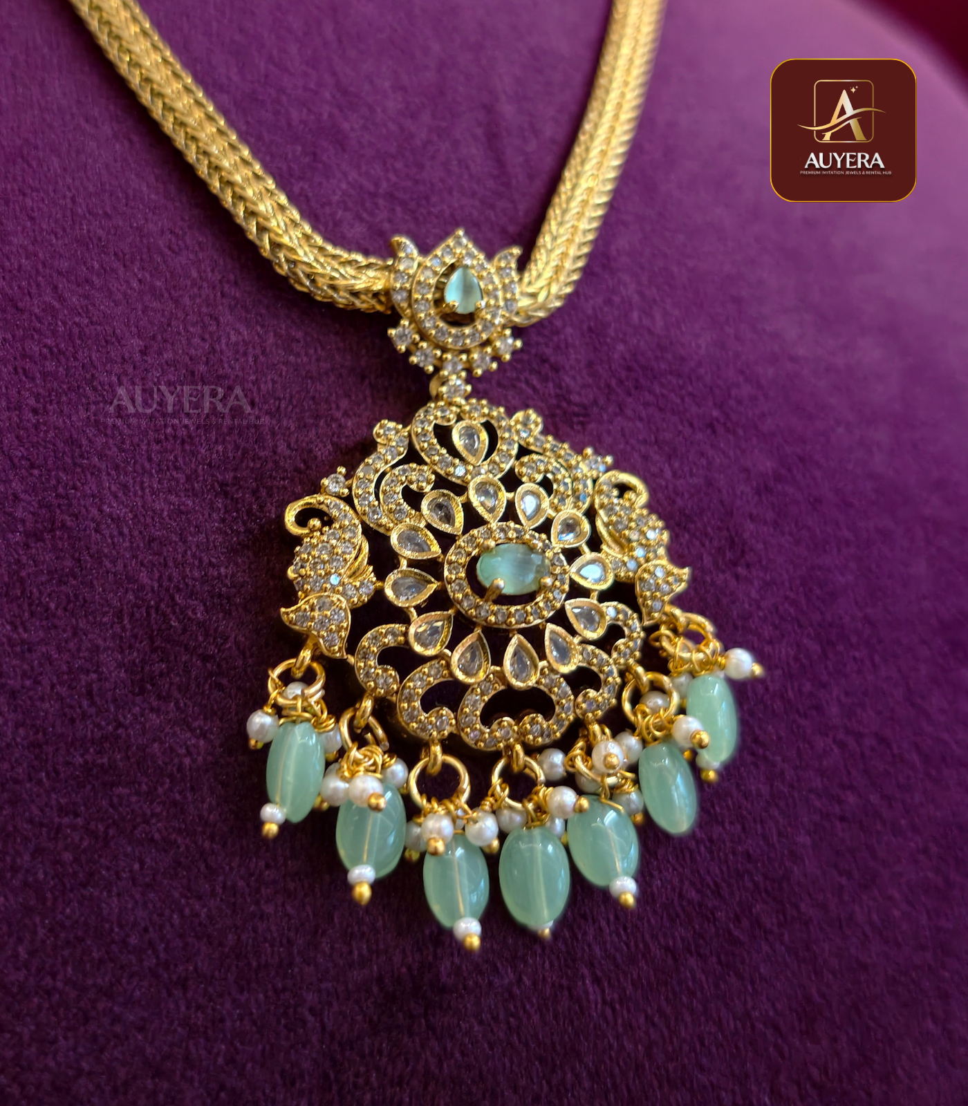 11 Traditional AD Pendent Necklace With Mint Green Beads - Image 1
