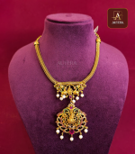 Traditional Temple Necklace With Green And Ruby Stone - Image 3