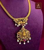 Traditional Temple Necklace With Green And Ruby Stone